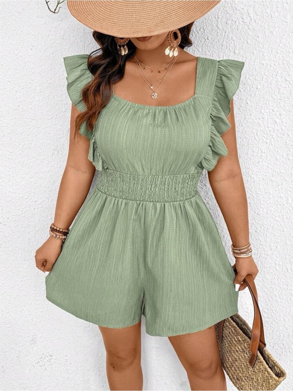 SHEIN Green Ruffled-Sleeve Smocked Waist Romper